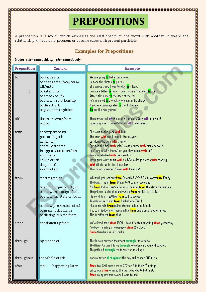 Prepositions      Sheet - 03 worksheet
