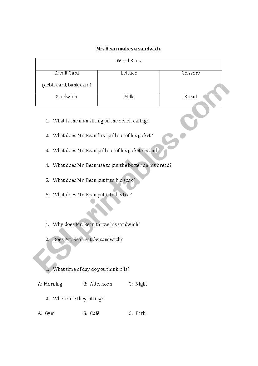 Mr. Bean makes a sandwich worksheet