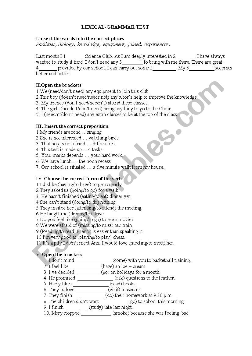 LEXICAL-GRAMMAR TEST worksheet