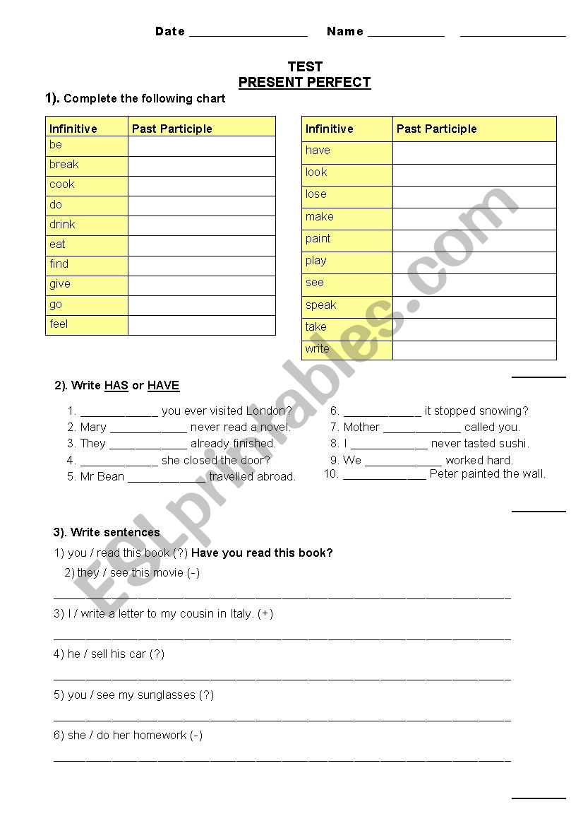 Present Perfect Tense Test  worksheet