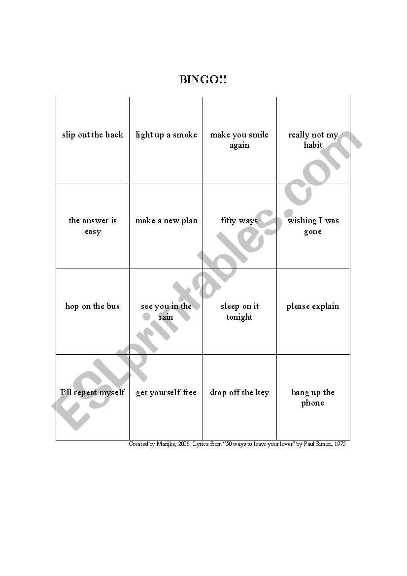 50 Ways to Leave your Lover Bingo cards