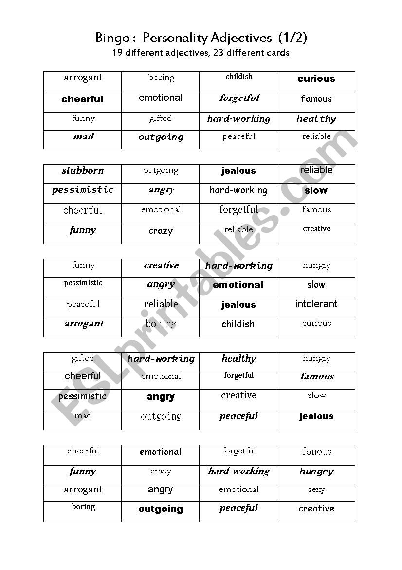 Personality adjectives BINGO (1/2) 