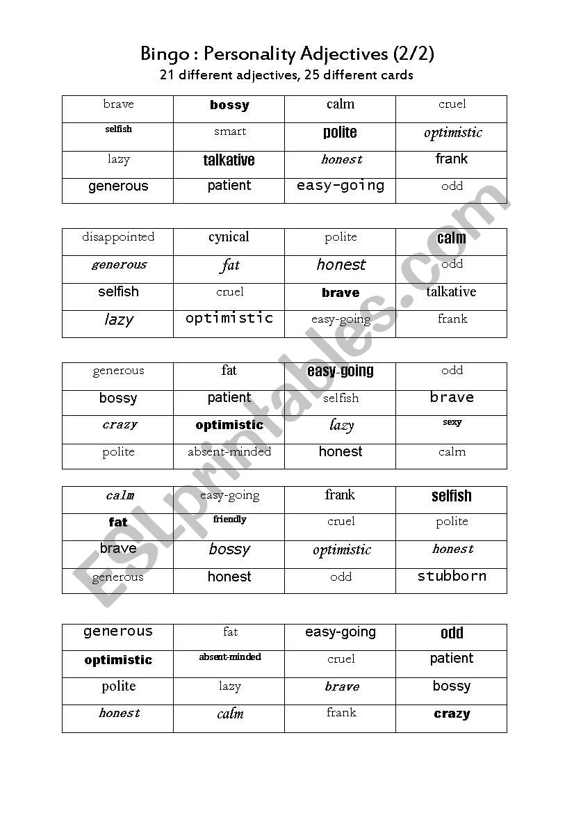 Personality adjectives BINGO (2/2)