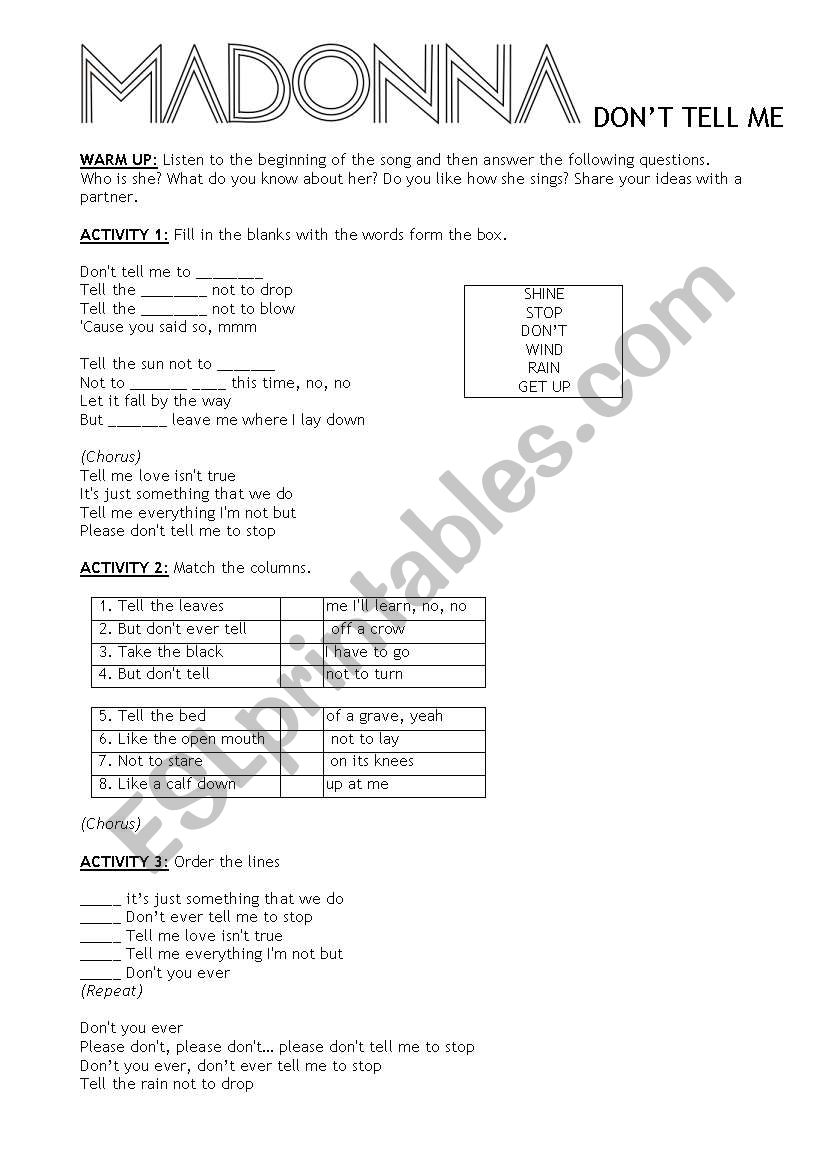 Madonna, DonÂ´t Tell Me worksheet