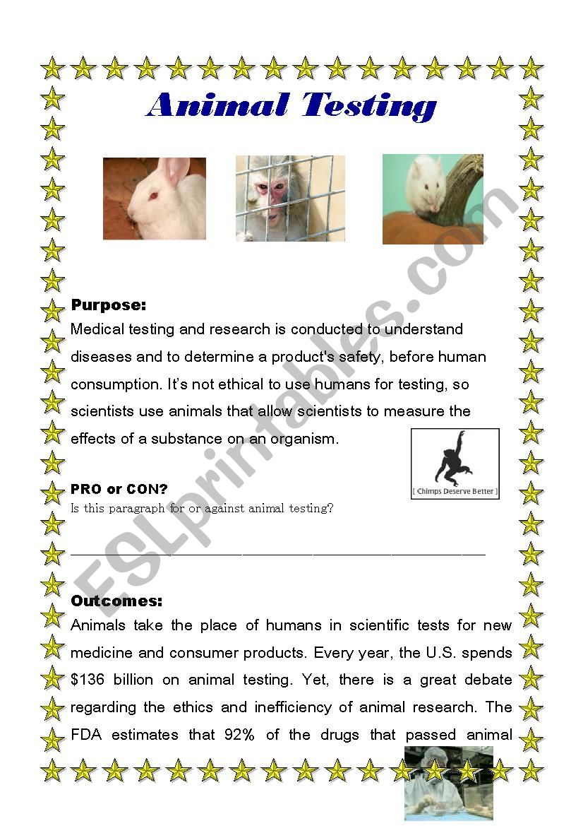 Animal Testing- Pros and Cons - ESL worksheet by aleph06