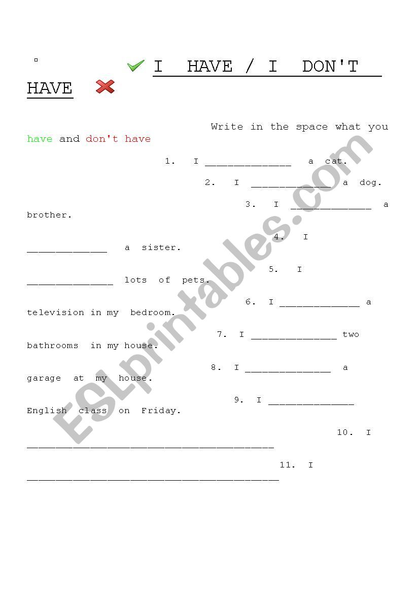 I have / donÂ´t have worksheet