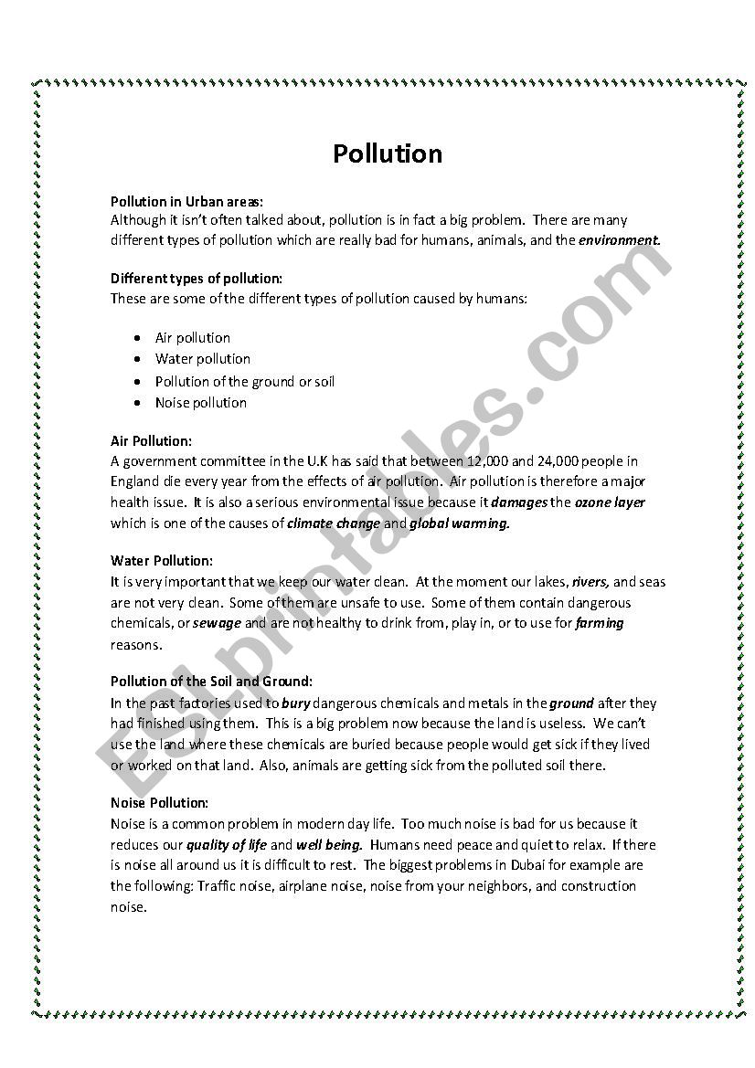 pollution worksheet