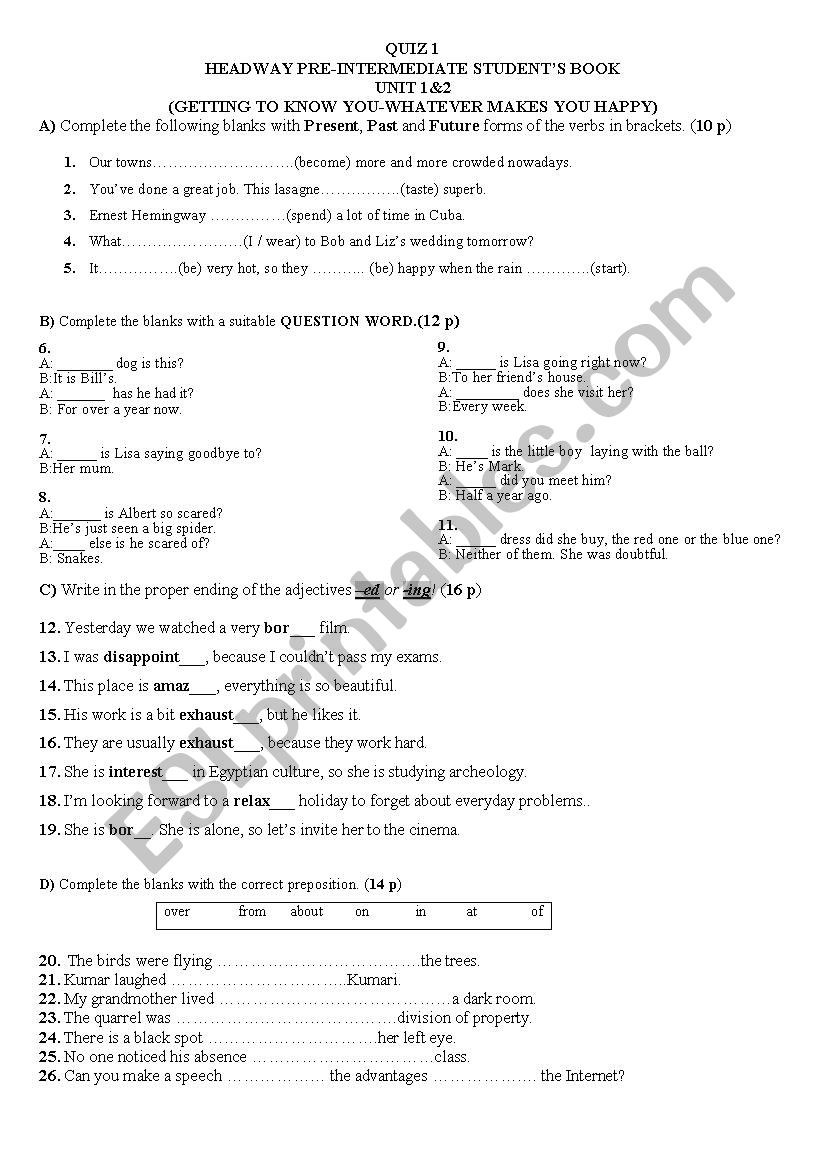 Quiz On The First Two Units of Headway Pre-Intermediate 