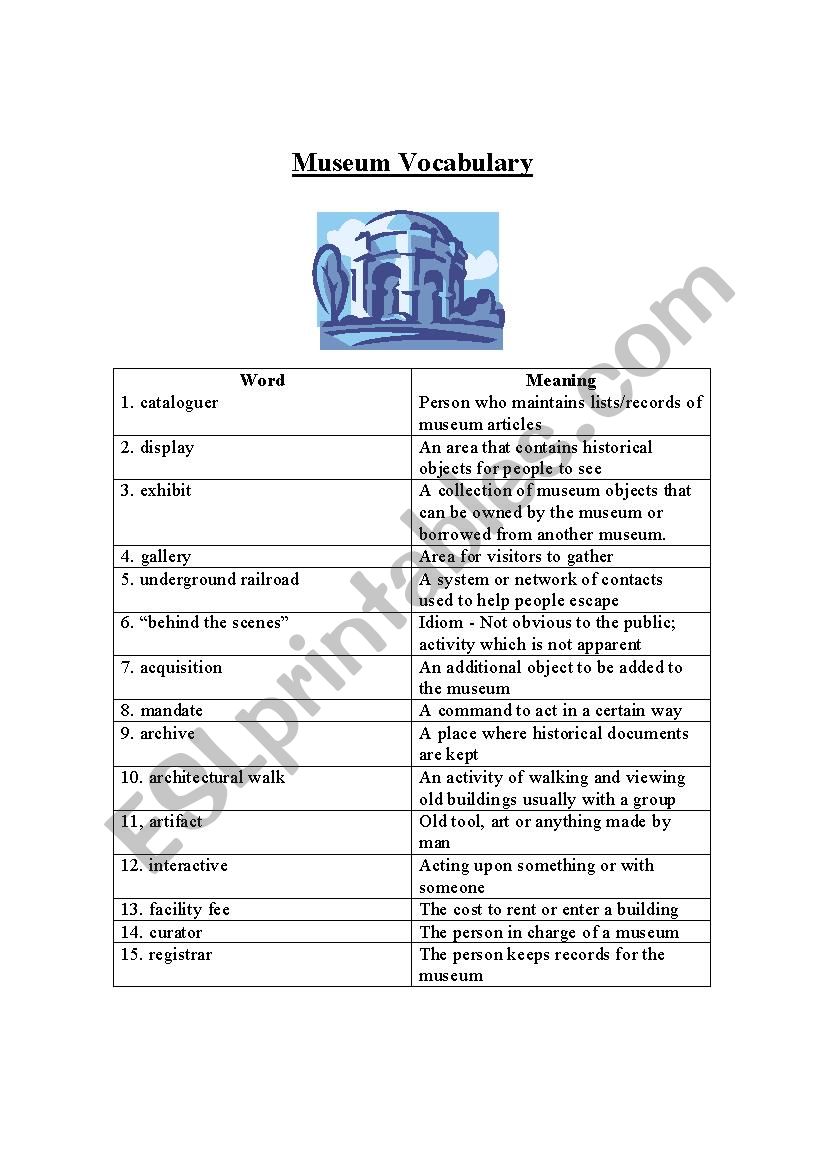 Museum Vocabulary worksheet