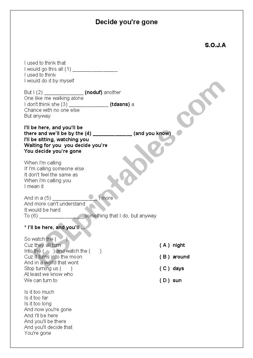 Decide youre gone - S.O.J.A worksheet