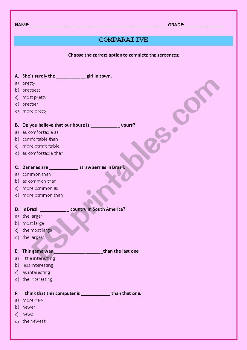 Comparative worksheet