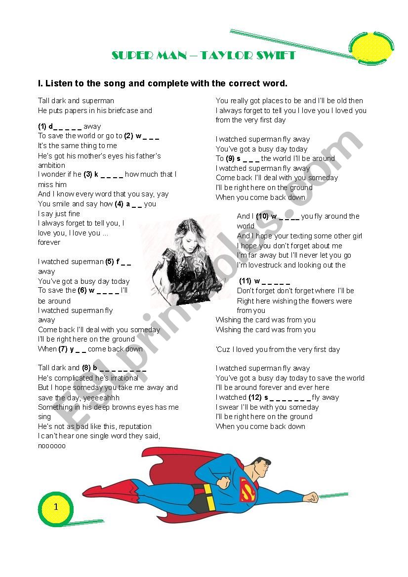 Superman - Taylor Swift worksheet