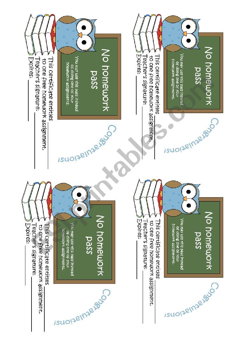 No homework pass - reward cards for students