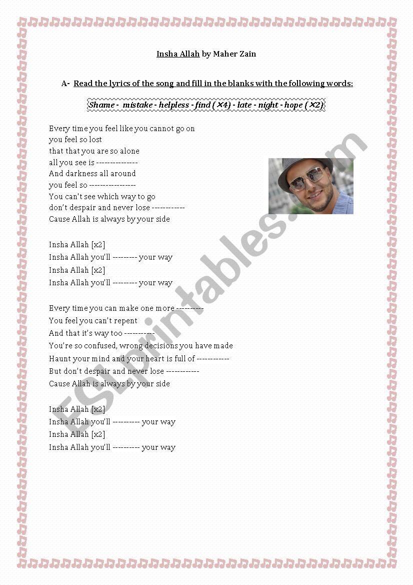 a song by Maher Zain worksheet