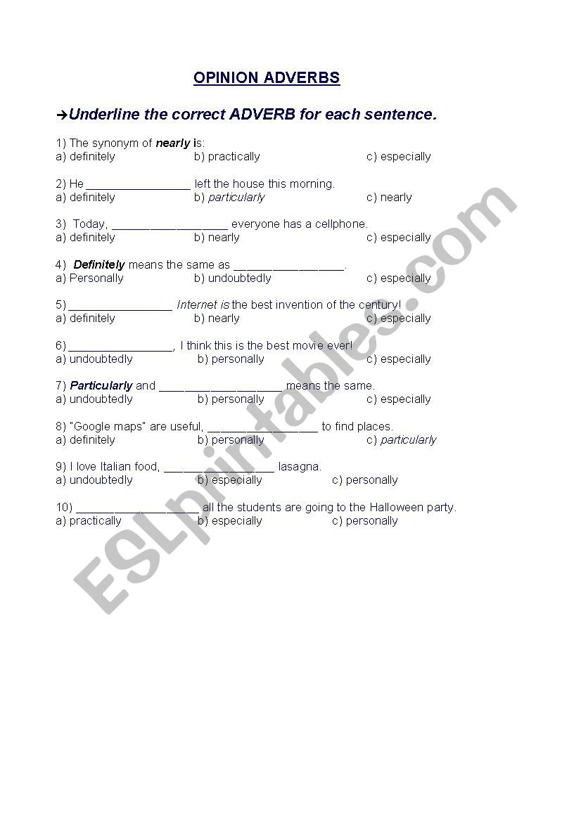 OPINION ADVERBS worksheet