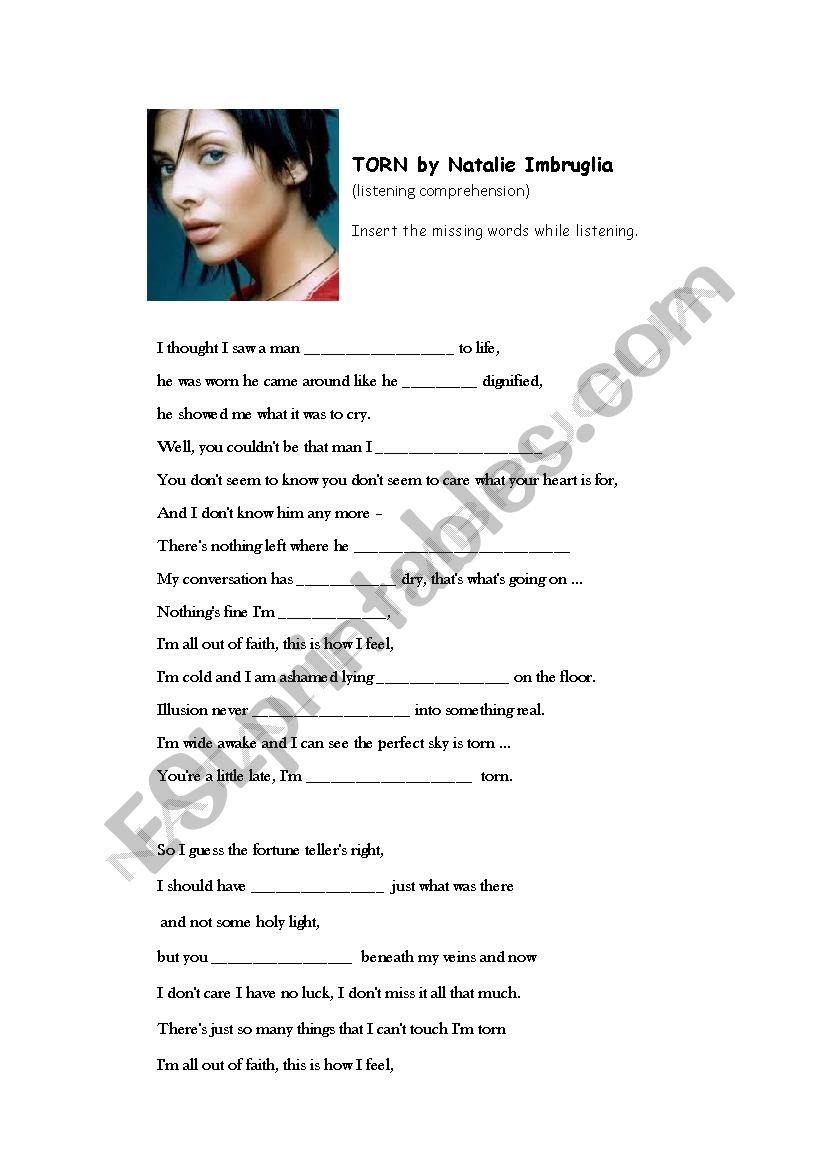 torn by Natalie Imbruglia worksheet