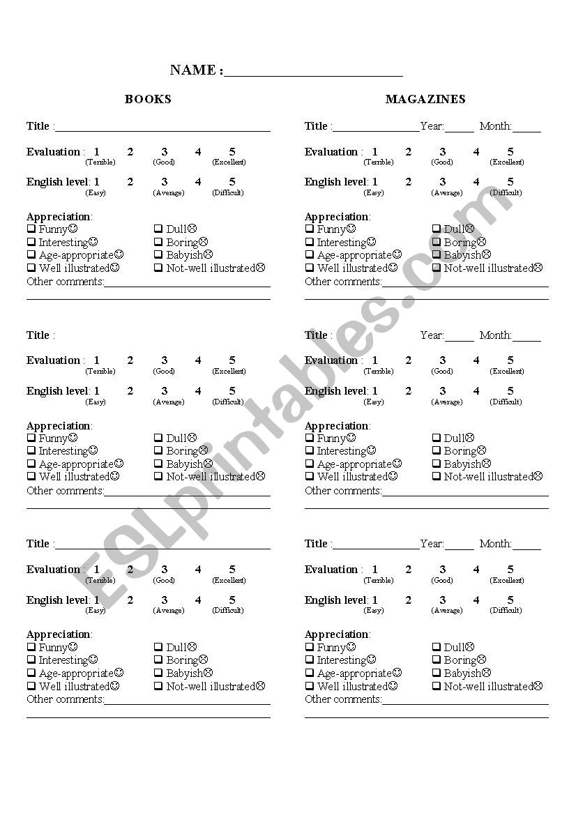 Book and magazine appreciation sheet