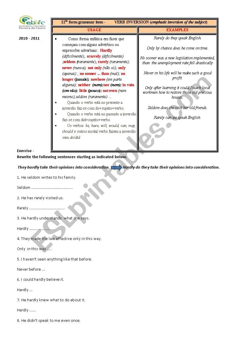 emphatic inversion worksheet