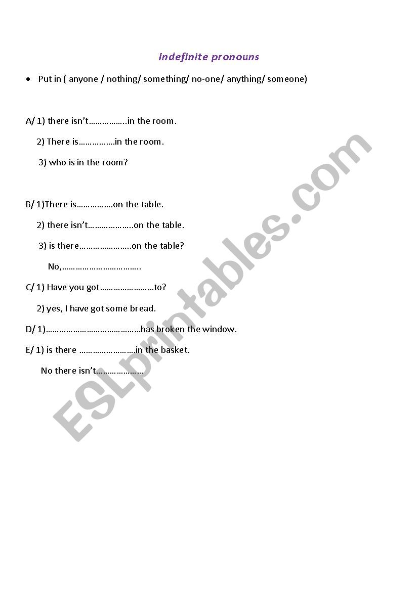 indefinite pronouns worksheet