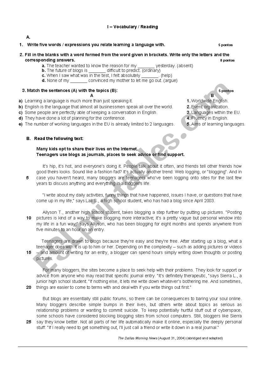 Taste by Roald Dahl worksheet