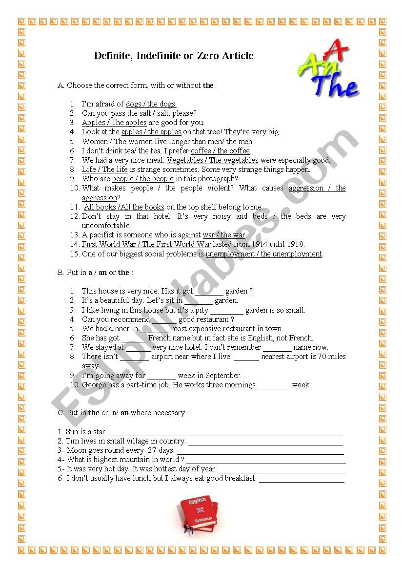 Articles worksheet