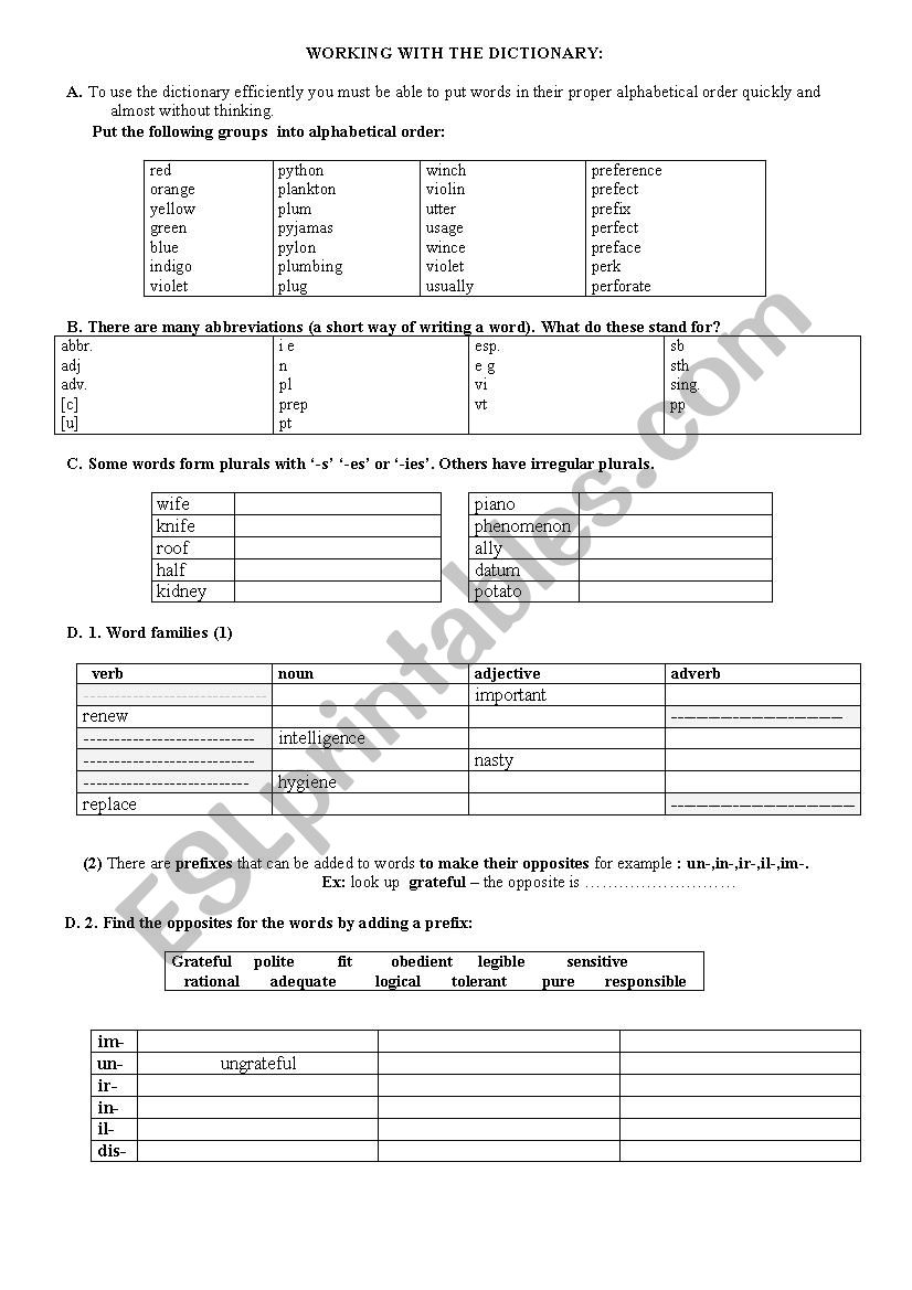 Working with the dictionary worksheet
