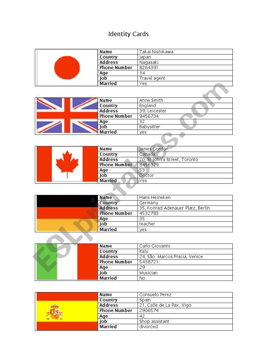 Identity cards worksheet