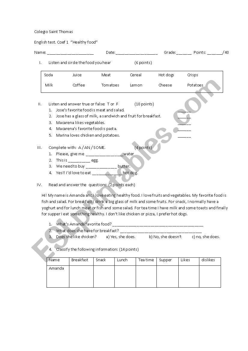 food likes and dislikes test worksheet