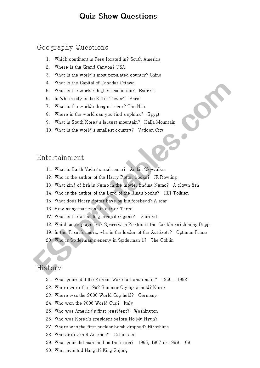 Quiz Game Show worksheet