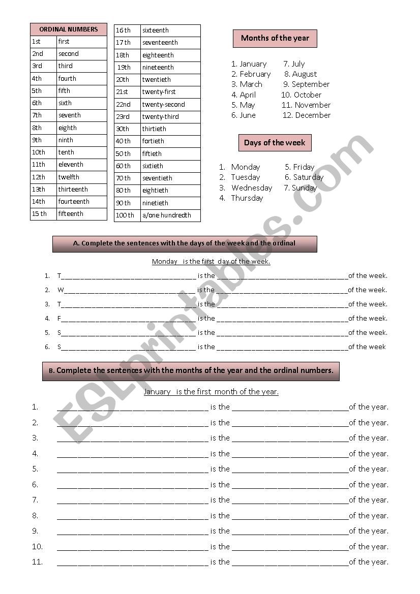Ordinal numbers-days of the week-months