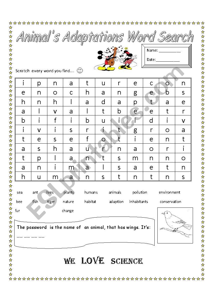 animals adaptations word search