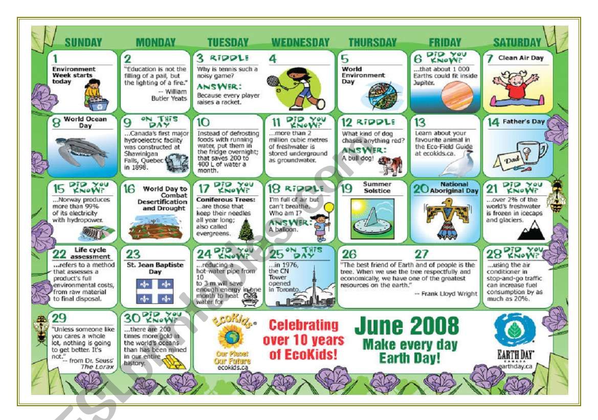 Environment calendar warm-up worksheet