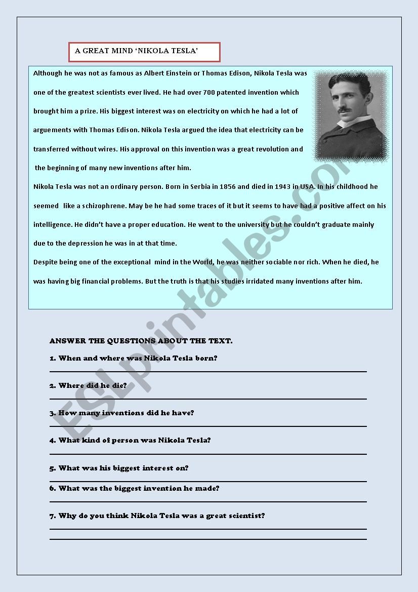 A Great Mind Nikola Tesla worksheet