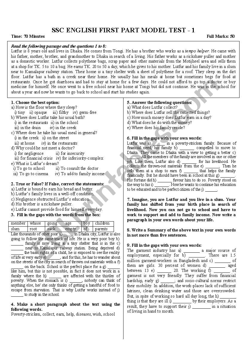 SSC ENGLISH FIRST PART MODEL TEST - 1