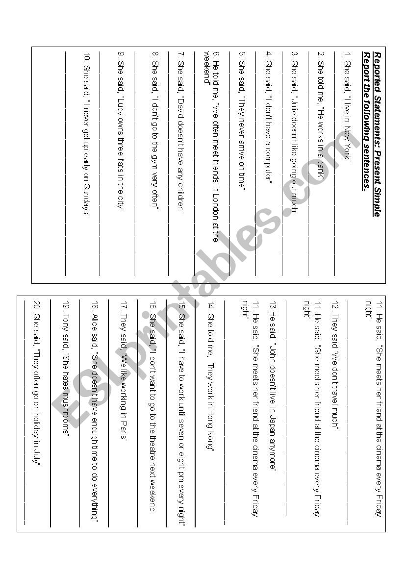 REPORTED SPEECH worksheet