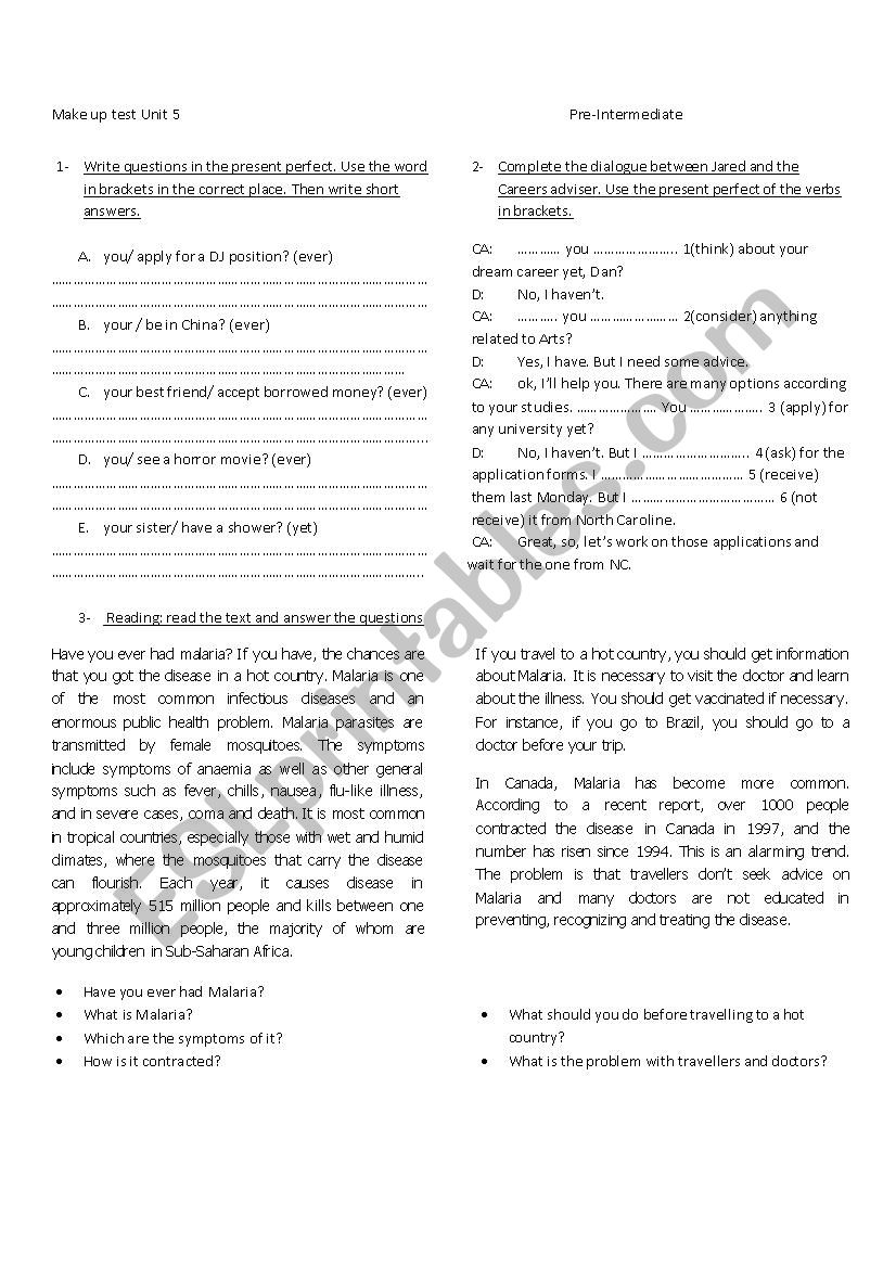 Present perfect Make up test worksheet