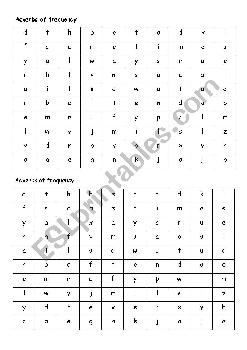 wordsearch for adverbs of frequency 