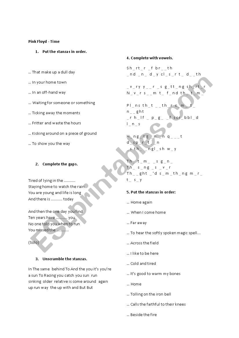 Pink Floyd - Time - song worksheet