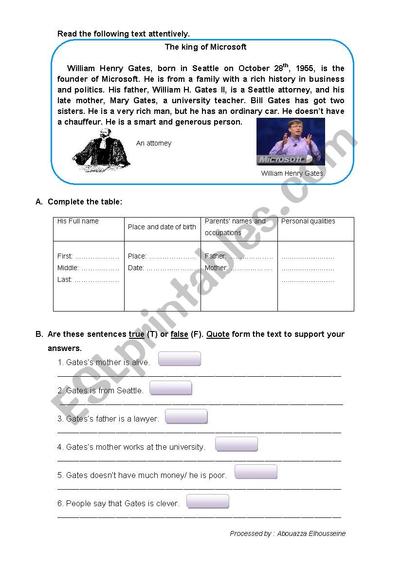 Reading task on Bill Gates worksheet