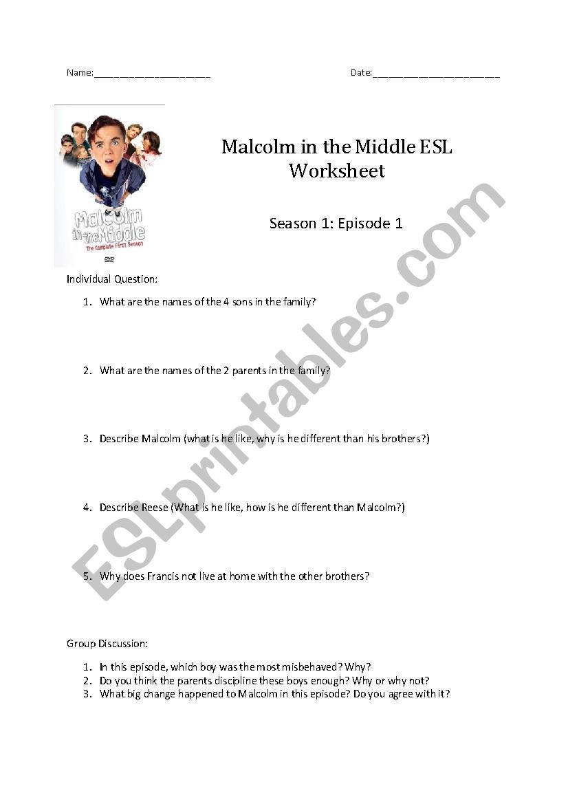 Malcolm in the Middle ESL Worksheet  Season 1: Episode 1