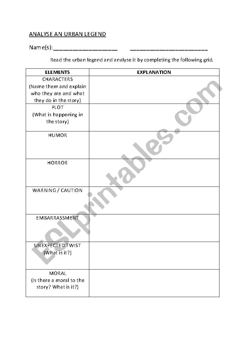 analyse an urban legend worksheet