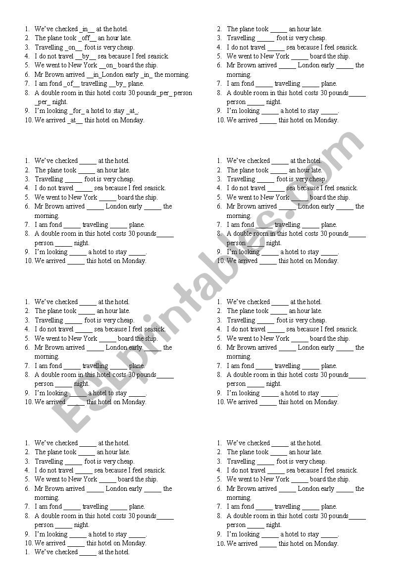 Prepositions. Test. Travelling