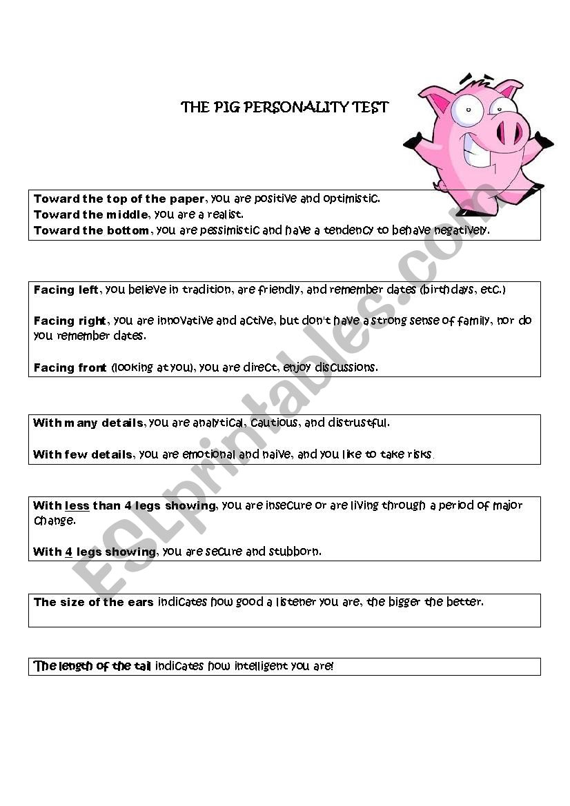 Pig personality test worksheet