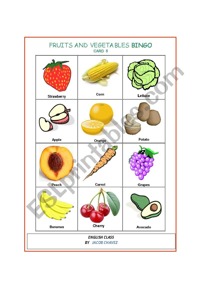 fruits and vegetables bingo part 3