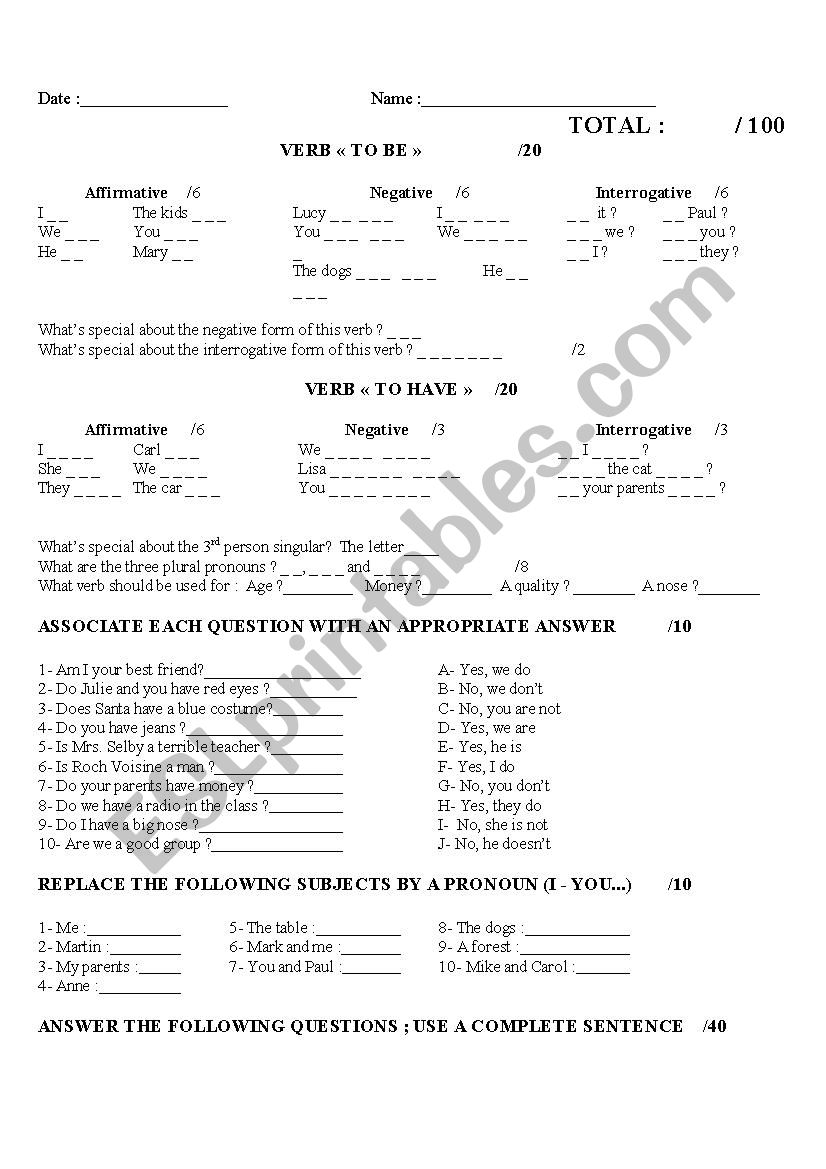 Verbs to be and to have practise sheet