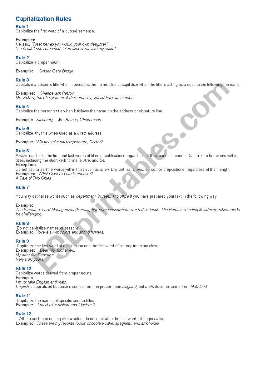 capitalization rules worksheet