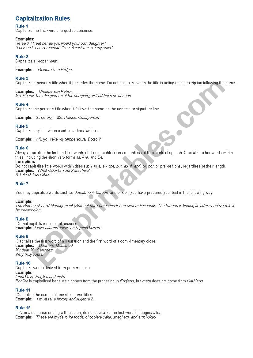 capitalization rules worksheet