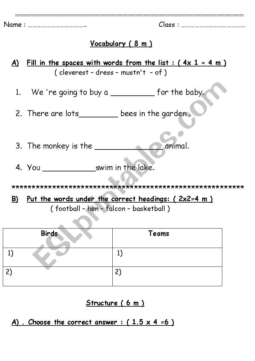 exam for 4th grade worksheet