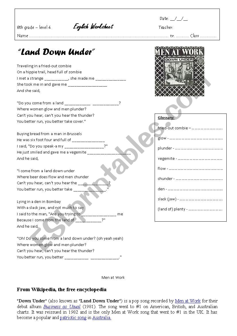 Land down under worksheet