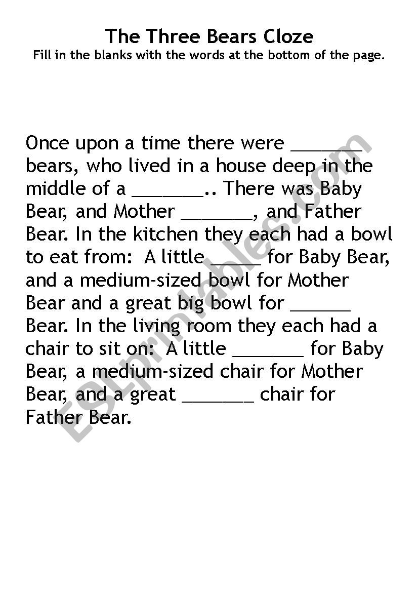 Goldilocks and the Three Bears Cloze and Sequencing Worksheets